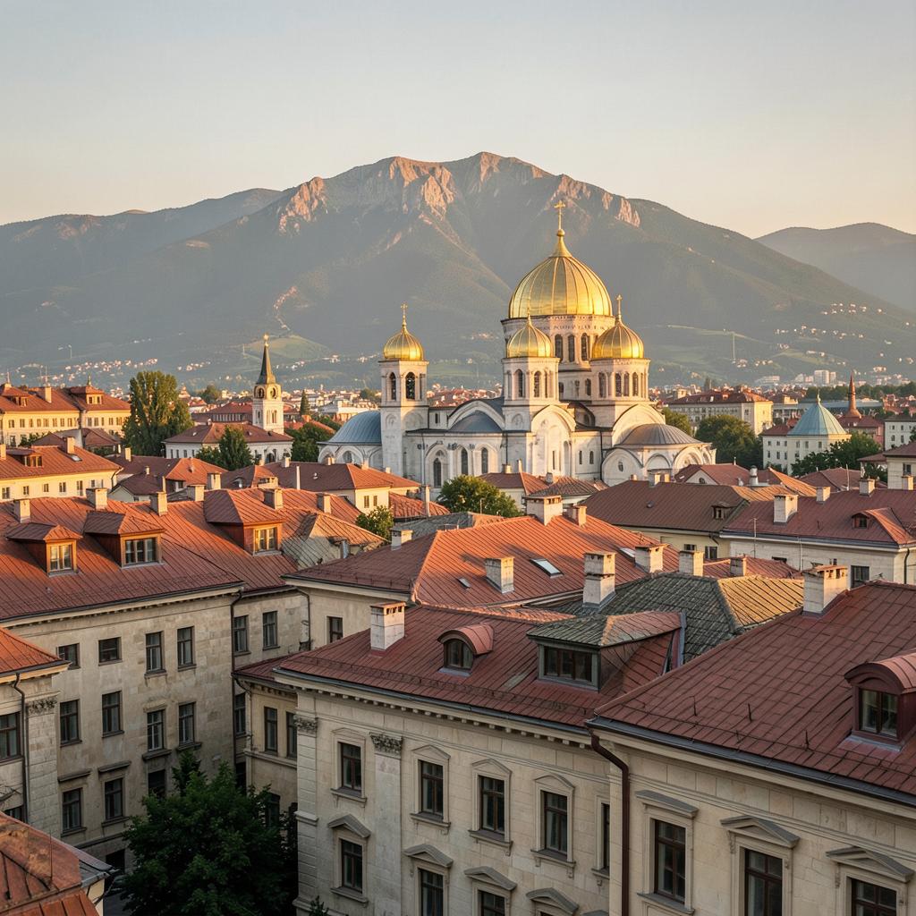 Sofia city centre at dusk — the National Assembly and surrounding neoclassical buildings lit against a cloudy sky